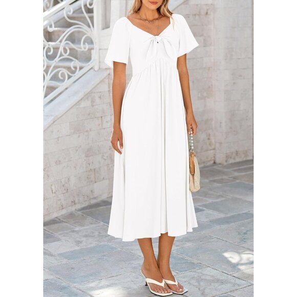 🆕Women White Polyester Casual Summer Dress Bow Tie V Neck Ruffle Midi Flowy - Picture 8 of 9